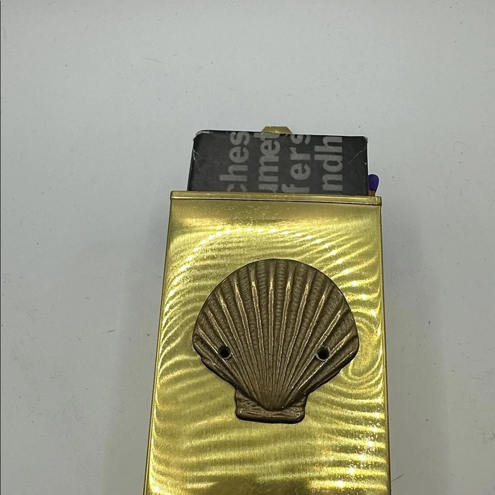 Vintage Mid Century Brass Fireplace Tall Matchbox Holder w/Shell Design